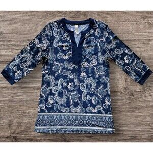 PerSeption Concept Tunic Blue Cream Paisley Print Top V Neck Size Medium